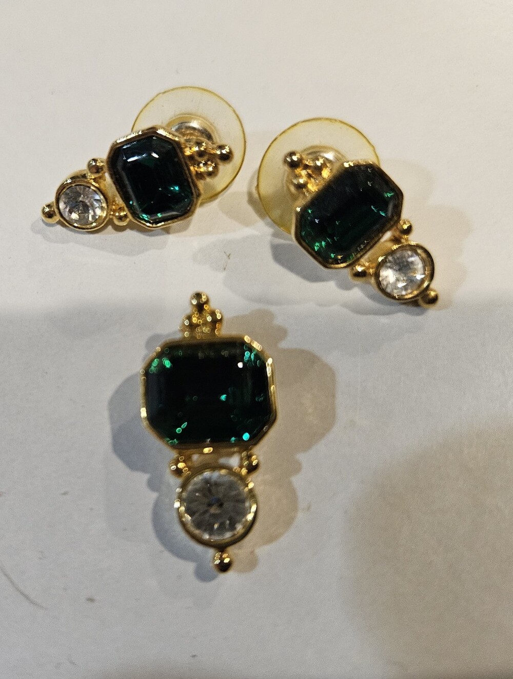 Gold Plated Emerald Green and Clear Crystal Drop Earrings W/ Pendant